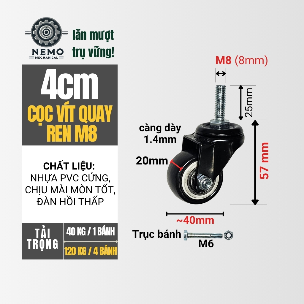 Bánh xe đẩy hàng đen trắng, loại cọc vít, có bạc đạn, đường kính bánh 4cm và 5cm, 40-50kg/1bánh